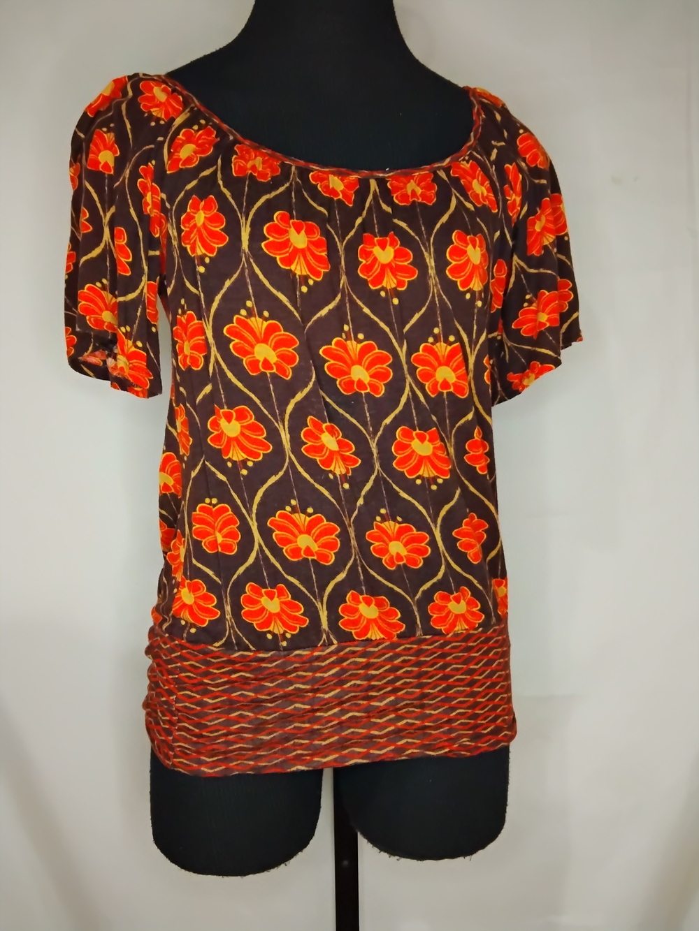 Brown Scoop Neck Floral Blouse with Orange Accents